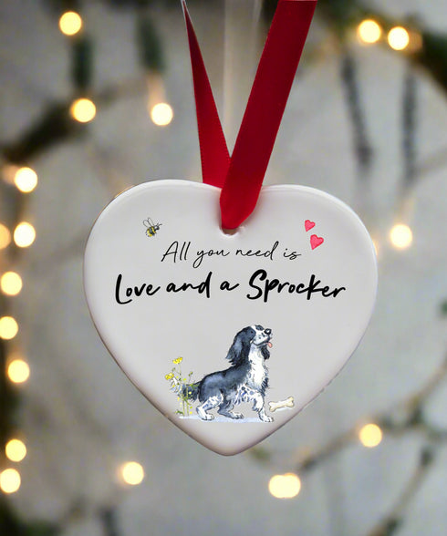 Love and a Sprocker Black & White Ceramic Heart